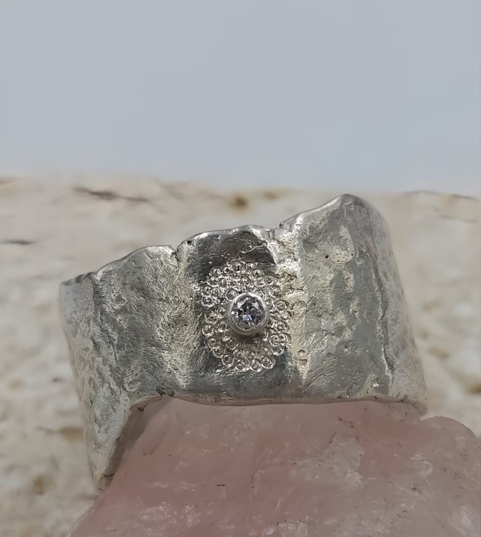 Molten Sterling Silver Wide Band Ring – Lab Grown Diamond Statement Ring - Size 