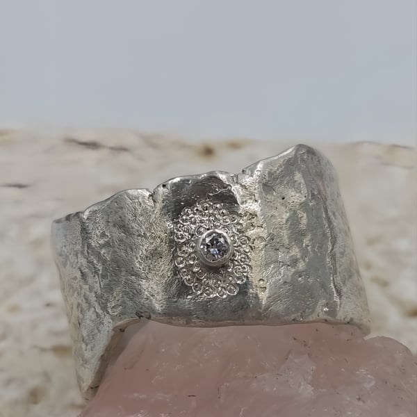 Molten Sterling Silver Wide Band Ring – Lab Grown Diamond Statement Ring - Size 