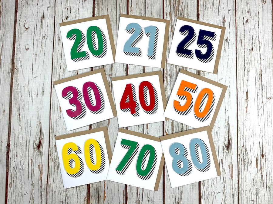 Handmade Birthday Card Numbers Age 20, 21, 25, 30, 40, 50, 60, 70, 80