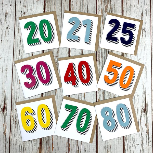 Handmade Birthday Card Numbers Age 20, 21, 25, 30, 40, 50, 60, 70, 80