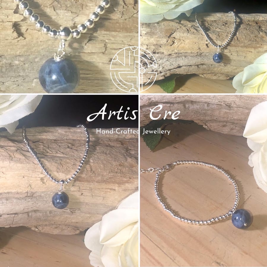 Sterling Silver solid bead bracelet with natural Dark Blue Sodalite Charm