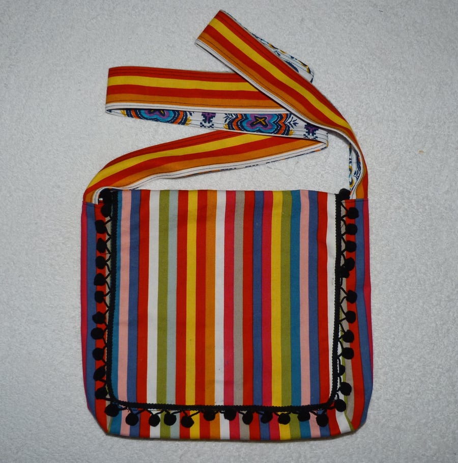Striped Upholstery Fabric Shoulder Bag with Tassel Trim. Fully Lined.  Pocket.