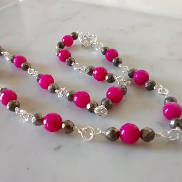 HOT PINK NECKLACE - PINK NECKLACE - PYRITE - ROSARY -  FREE UK POSTAGE