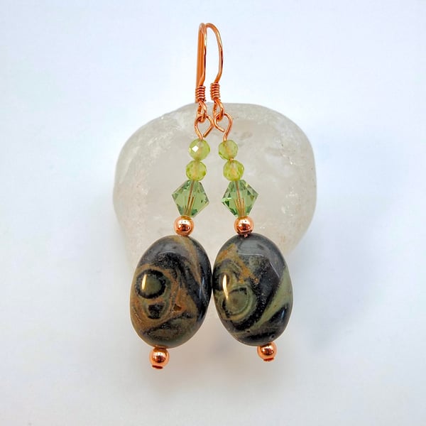Green Kambaba Jasper Earrings With Crystal & Peridot, Birthday, Anniversary Gift