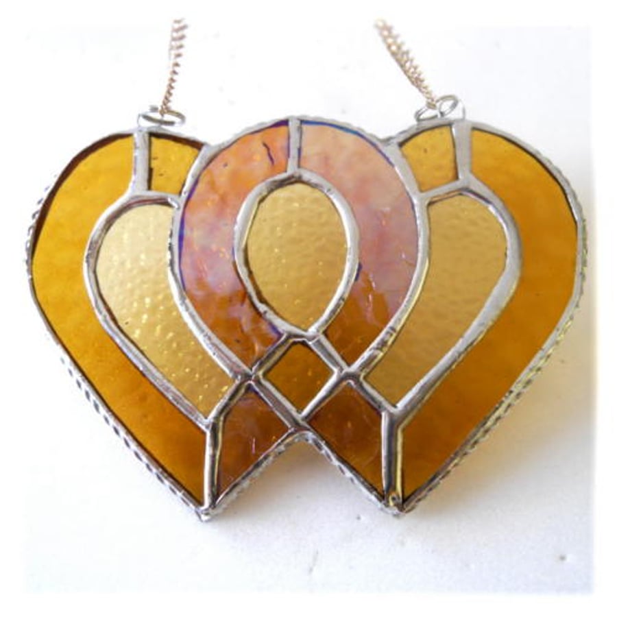 SOLD Entwined Heart Suncatcher Stained Glass Golden Wedding Anniversary Gift 041