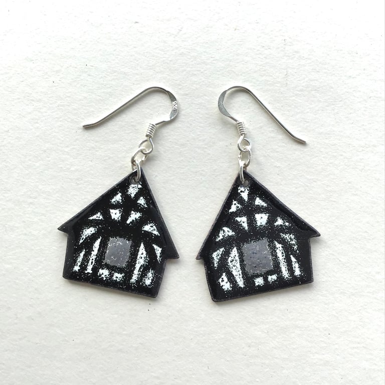 Tudor Merchant’s Black & White House - Enamelled Pendant Earrings