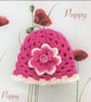 Winter Cerise Pink White Hand Crochet Baby Hat with Flower by Poppy Kay Designs - Image 2
