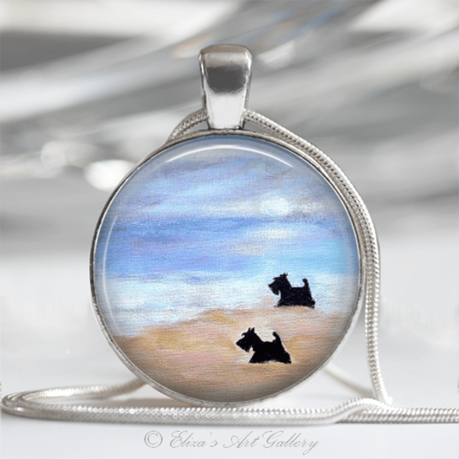 Scottish Terriers Scotties on a Beach Art Pendant Necklace