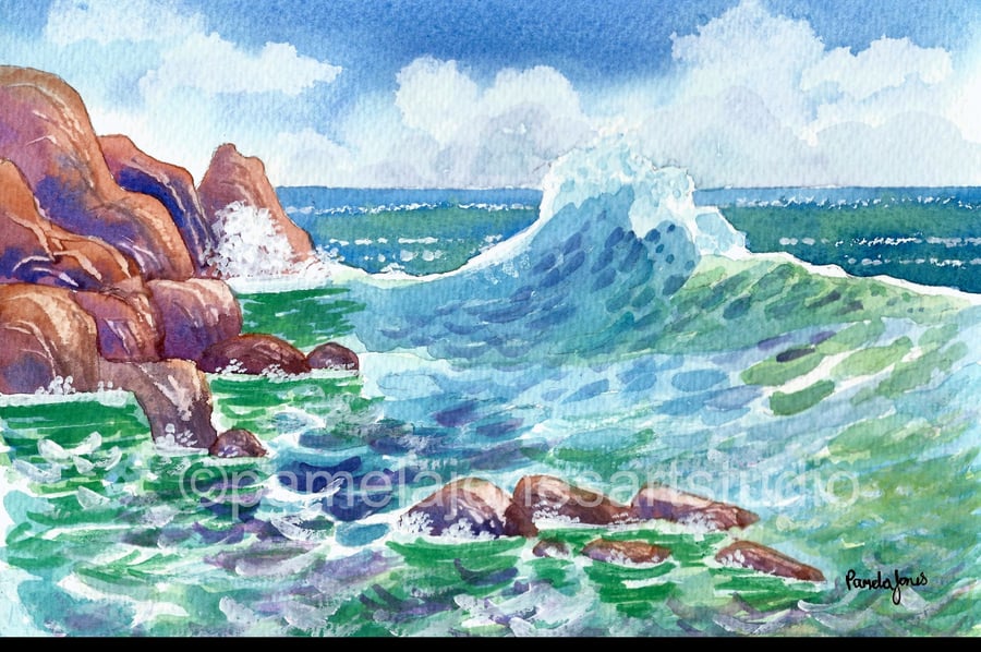 Seascape, Pembrokeshire Coast, Wales, Watercolour Print, in 9 x 7 '' Mount