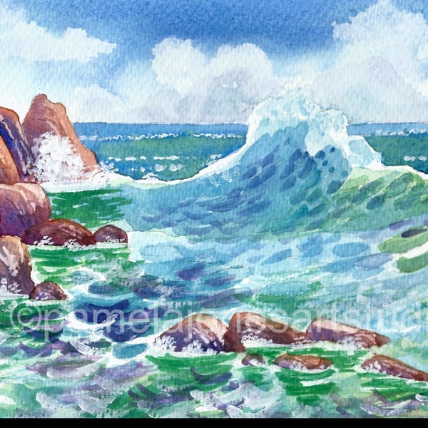 Seascape, Pembrokeshire Coast, Wales, Watercolour Print, in 9 x 7 '' Mount