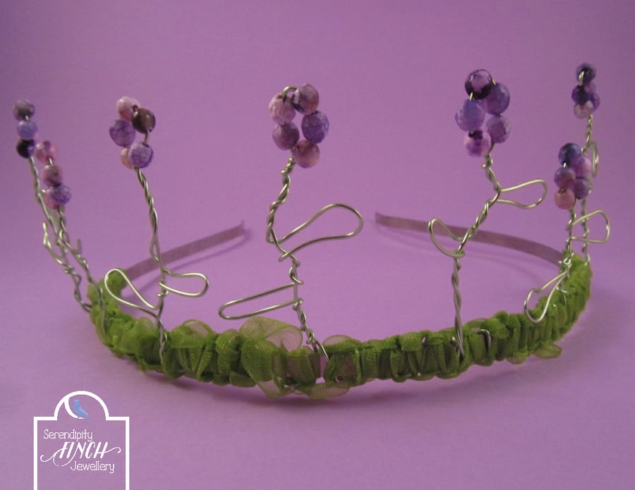 Purple Agate Flower Green Ribbon Tiara