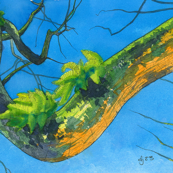 Colourful Tree Branch with Ferns in Pen & Ink & Watercolour A3 Print