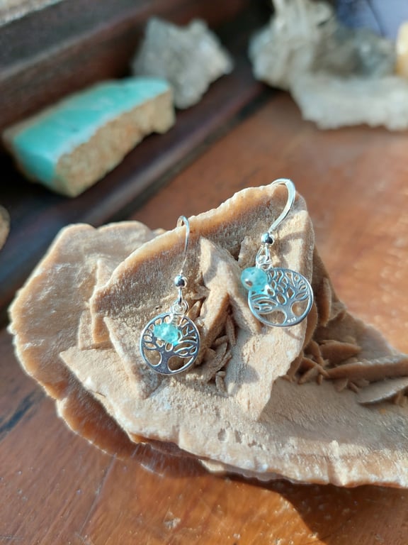 Sterling Silver and Aquamarine Tree of Life Earrings - March Birthstone