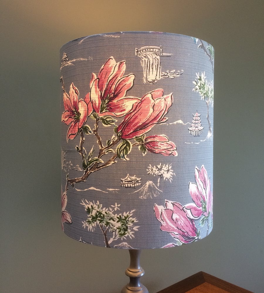 RESERVED A Beautiful Magnolia and Oriental Landscape Vintage Fabric Lampshade