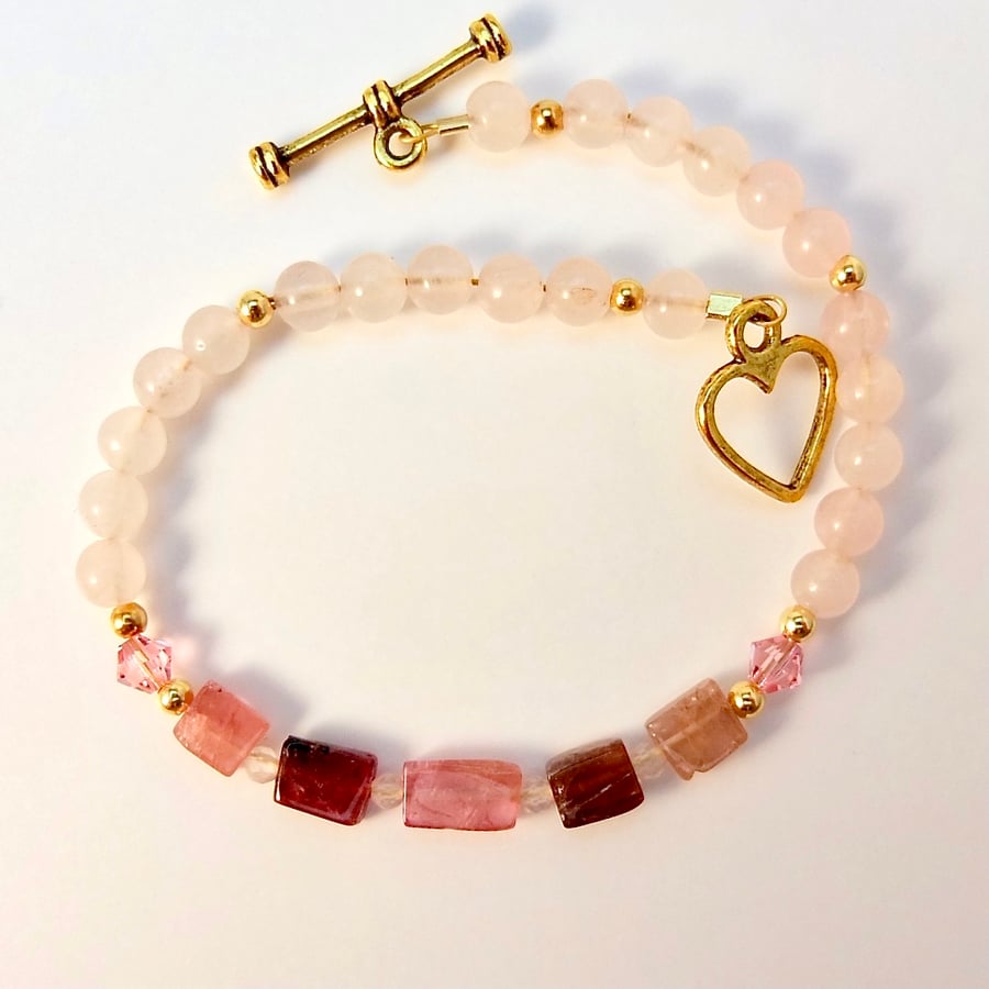 Pink Tourmaline And Rose Quartz Bracelet With Swarovski Crystals - Free UK P&P.