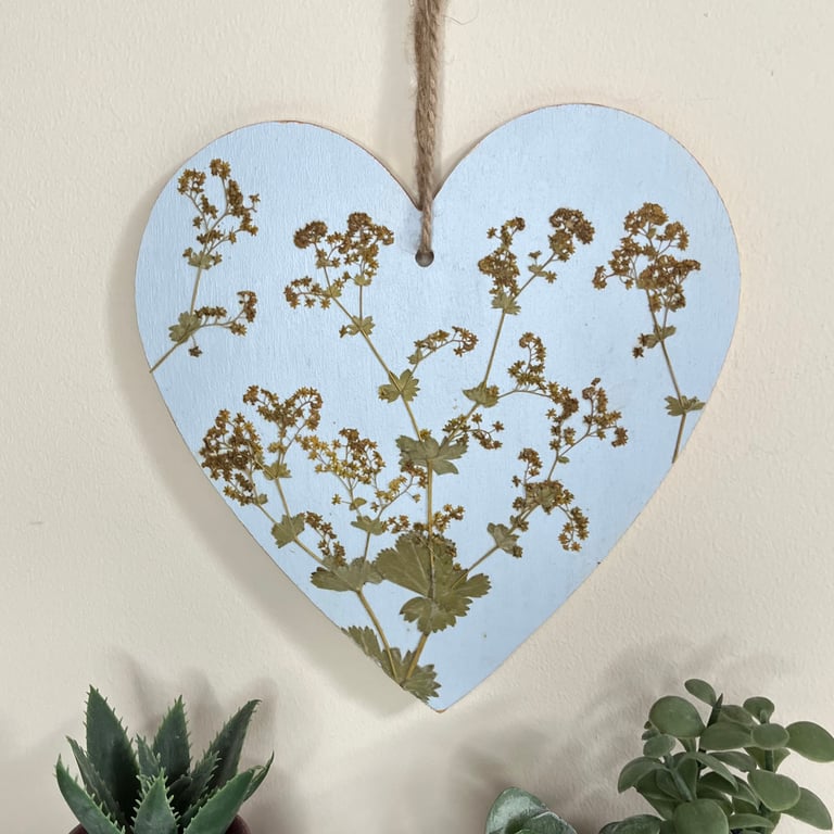 Hand Painted and Real Pressed Flower Hanging Wooden Heart