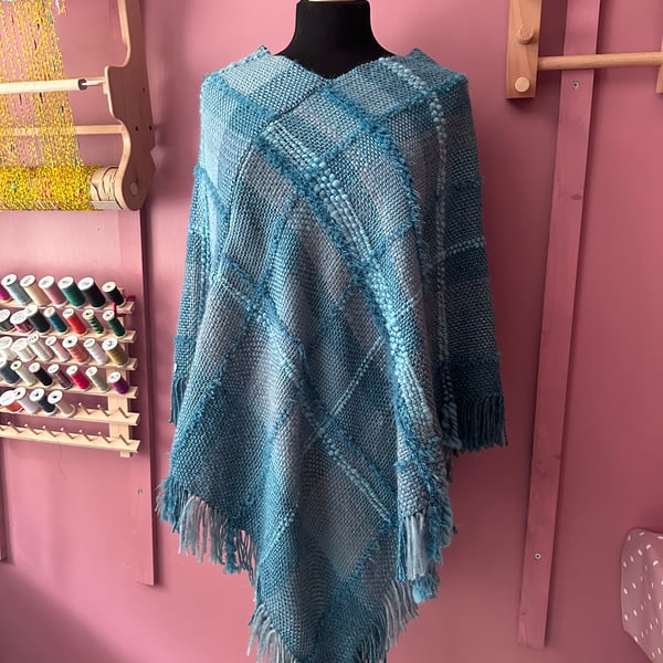 Blue and Turquoise Handwoven Poncho