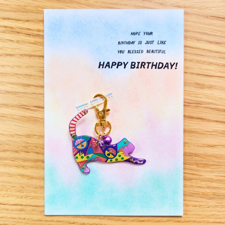Cat keyring keychain Birthday card 
