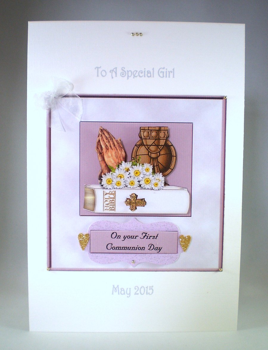 Holy Communion Decoupage Greeting Card ,praying hands,bible,goblet. Personalise