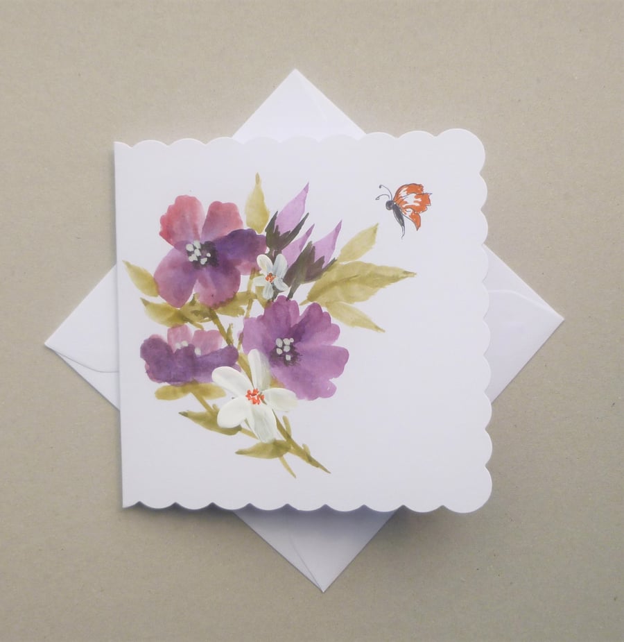 hand painted floral greetings card ( ref F 780 H3 )