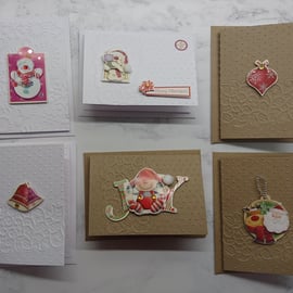 Set of 6 Luxury Handmade Christmas Gift Cards Elf Santa Snowman Reindeer Bells