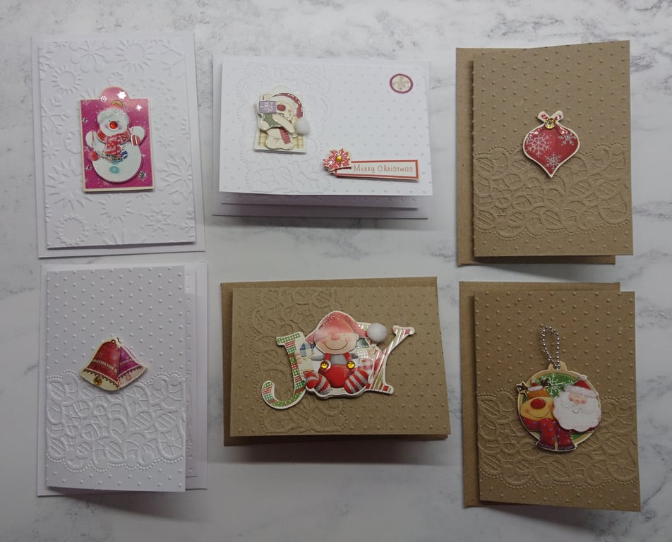Set of 6 Luxury Handmade Christmas Gift Cards Elf Santa Snowman Reindeer Bells
