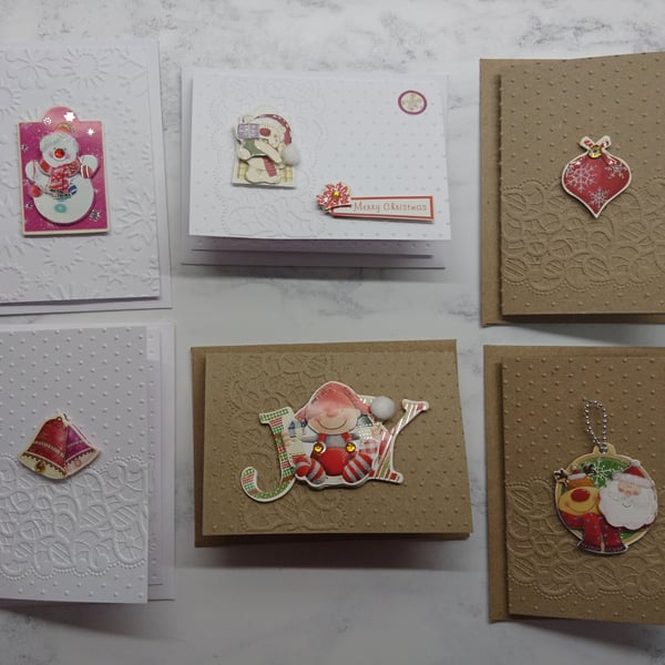 Set of 6 Luxury Handmade Christmas Gift Cards Elf Santa Snowman Reindeer Bells