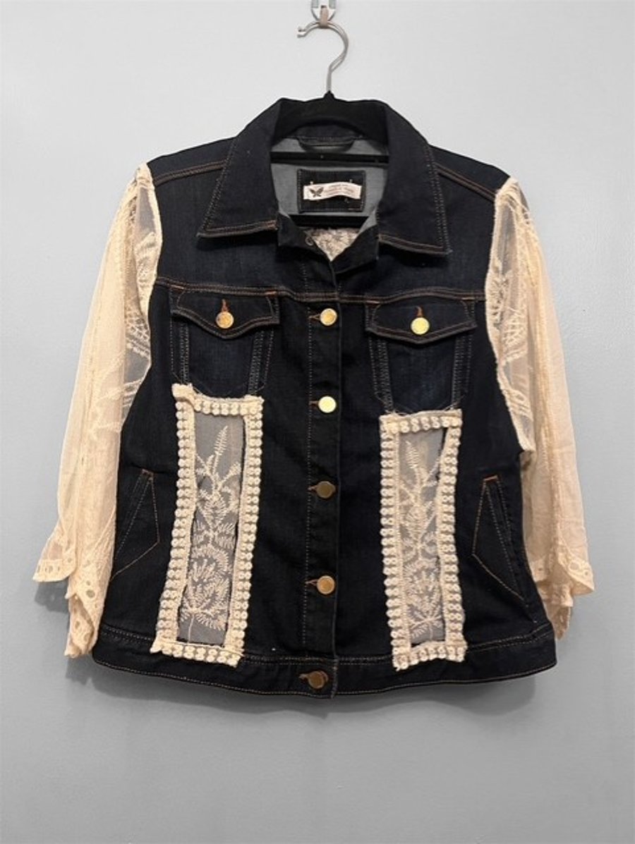 One of a Kind Upcycled Boho Lace and Denim Jacket