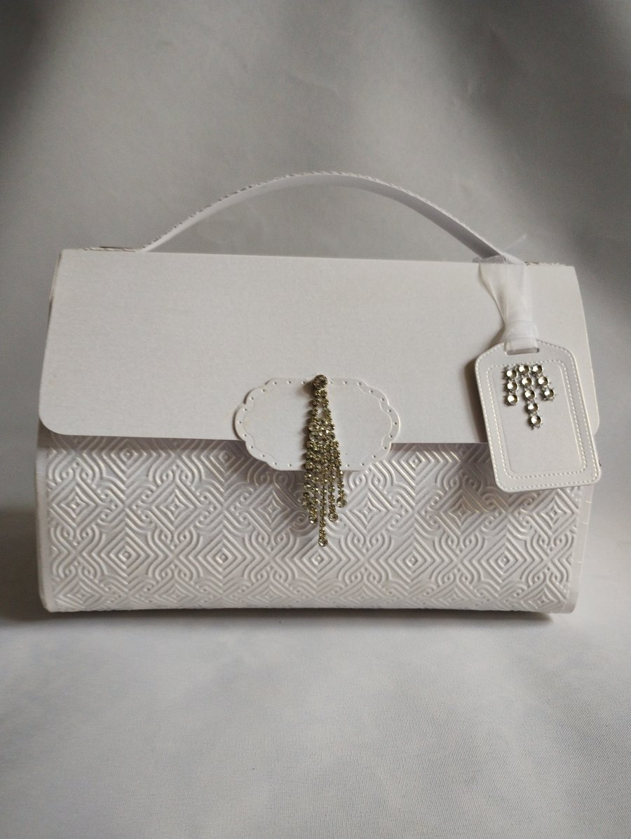 Handmade Gift Box Portmanteau Handbag Style white pearl finish Wedding Bridal