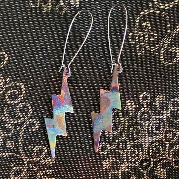 Tarot inspired flame-painted silver fused copper earrings lightning bolts