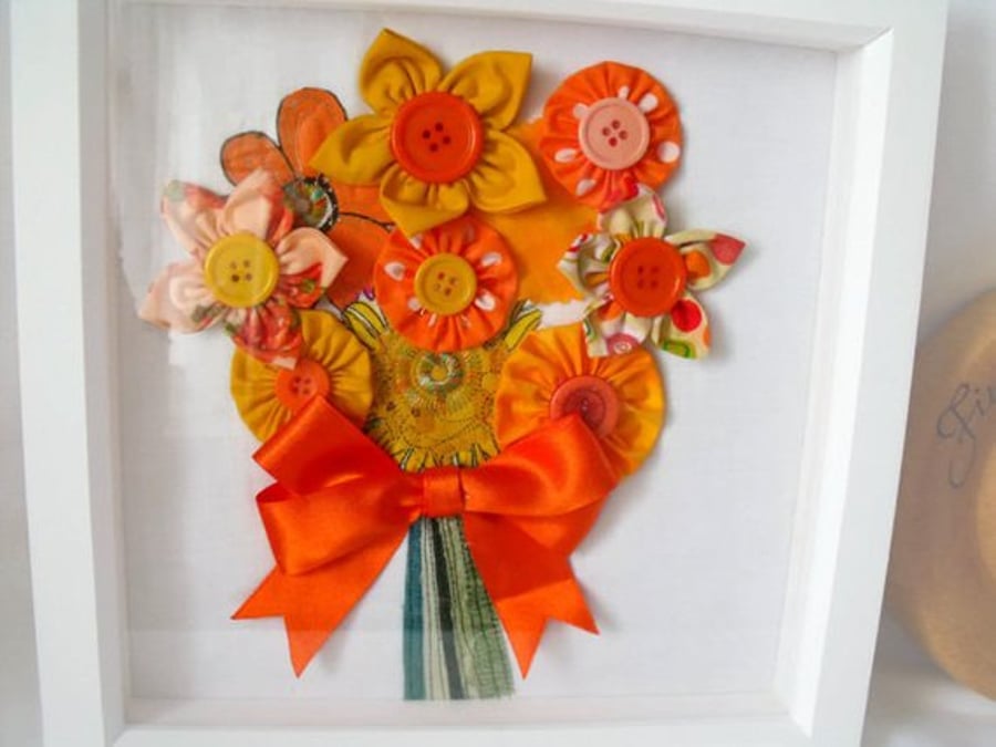 3D fabric floral bouquet framed wall art, bright summery orange flowers