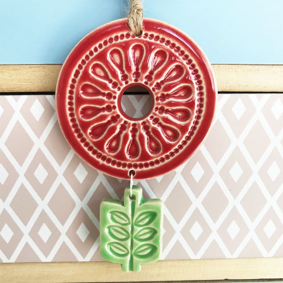 Retro style pottery hanging flower decoration Red