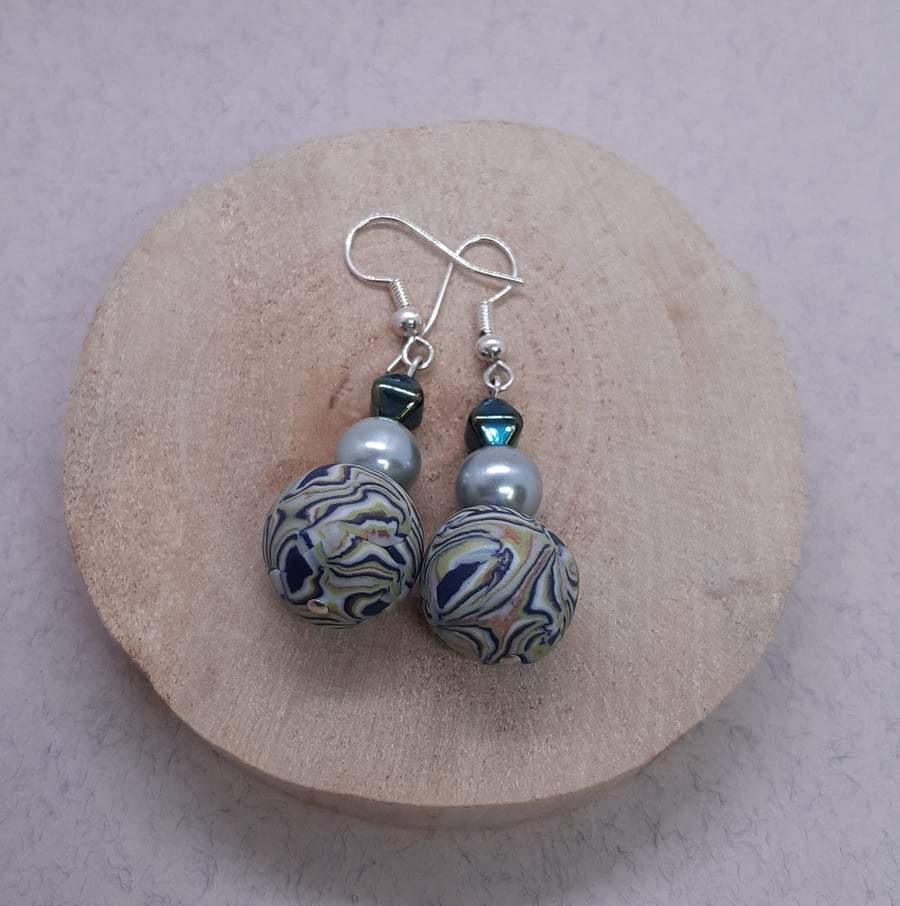 Sage, navy and white polymer clay earrings