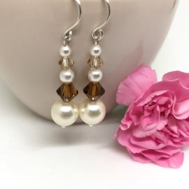 Crystal & Cream Pearl Earrings, Topaz Colour