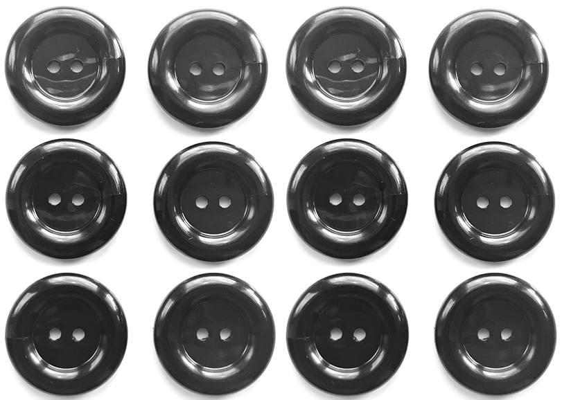 12 Clown-Style Buttons, 15mm Wide, Black, Ring Edge, Dish, Glossy Finish