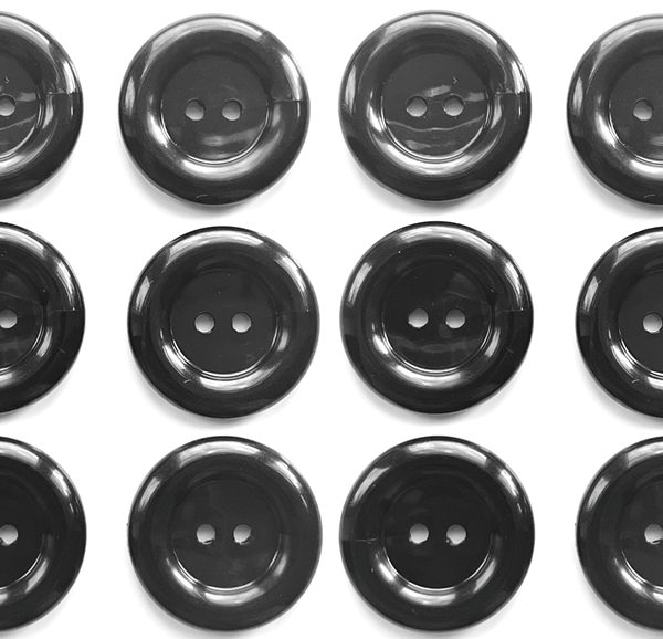12 Clown-Style Buttons, 15mm Wide, Black, Ring Edge, Dish, Glossy Finish