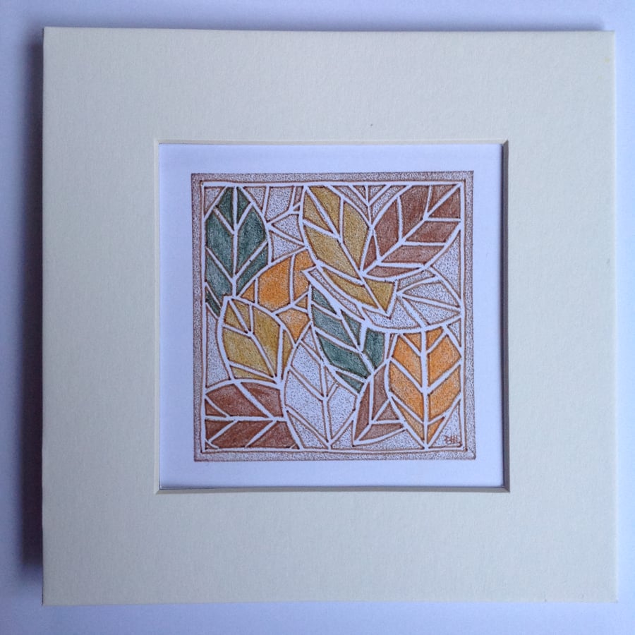 Lino cut card 'Leaf fall'