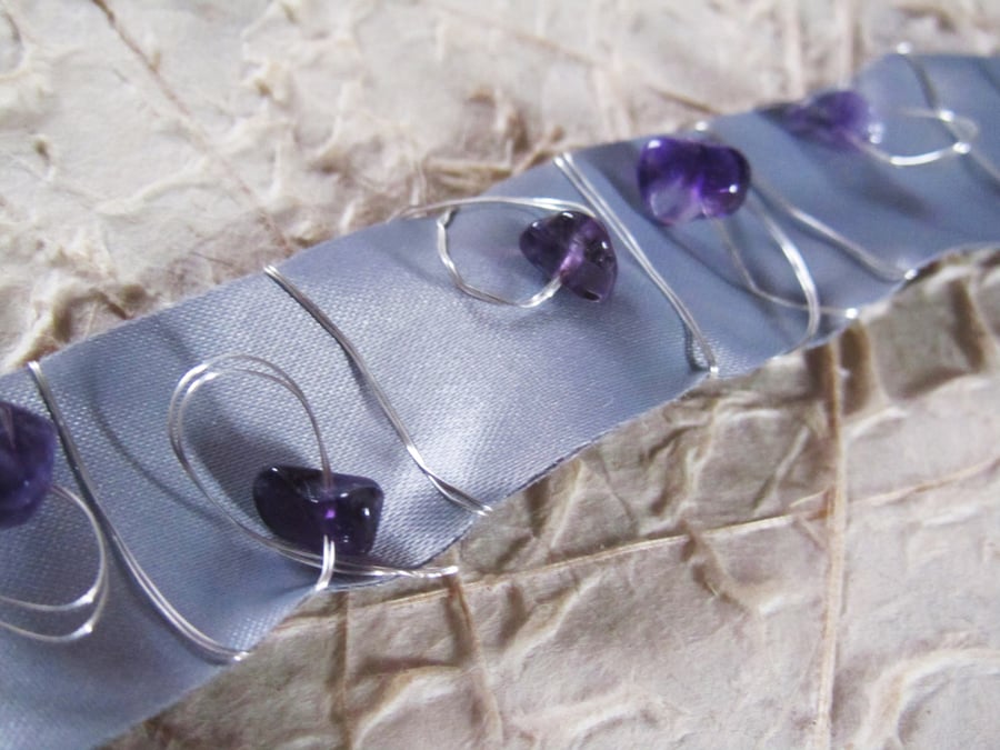 Grey Ribbon Choker with Amethyst and Wire