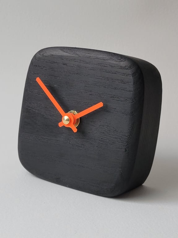 Desk Clock - Ebonised Black Oak & Neon Orange Hands Smooth