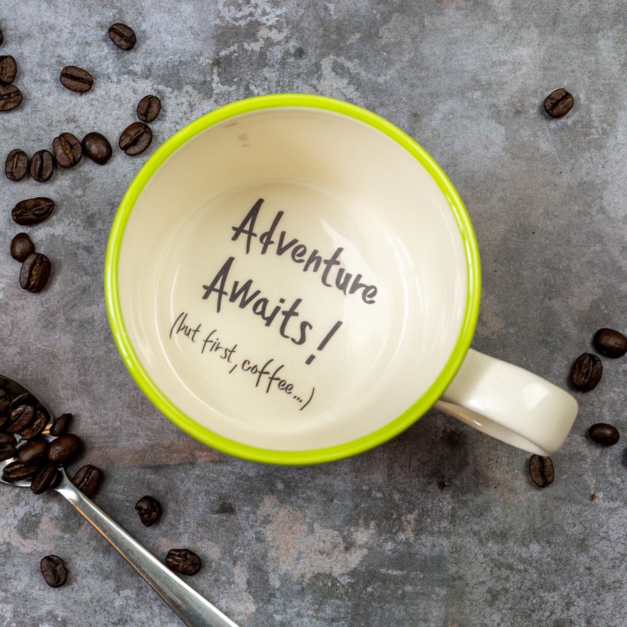 Adventure Awaits! But first, coffee.... handmade cup for coffee lover traveller