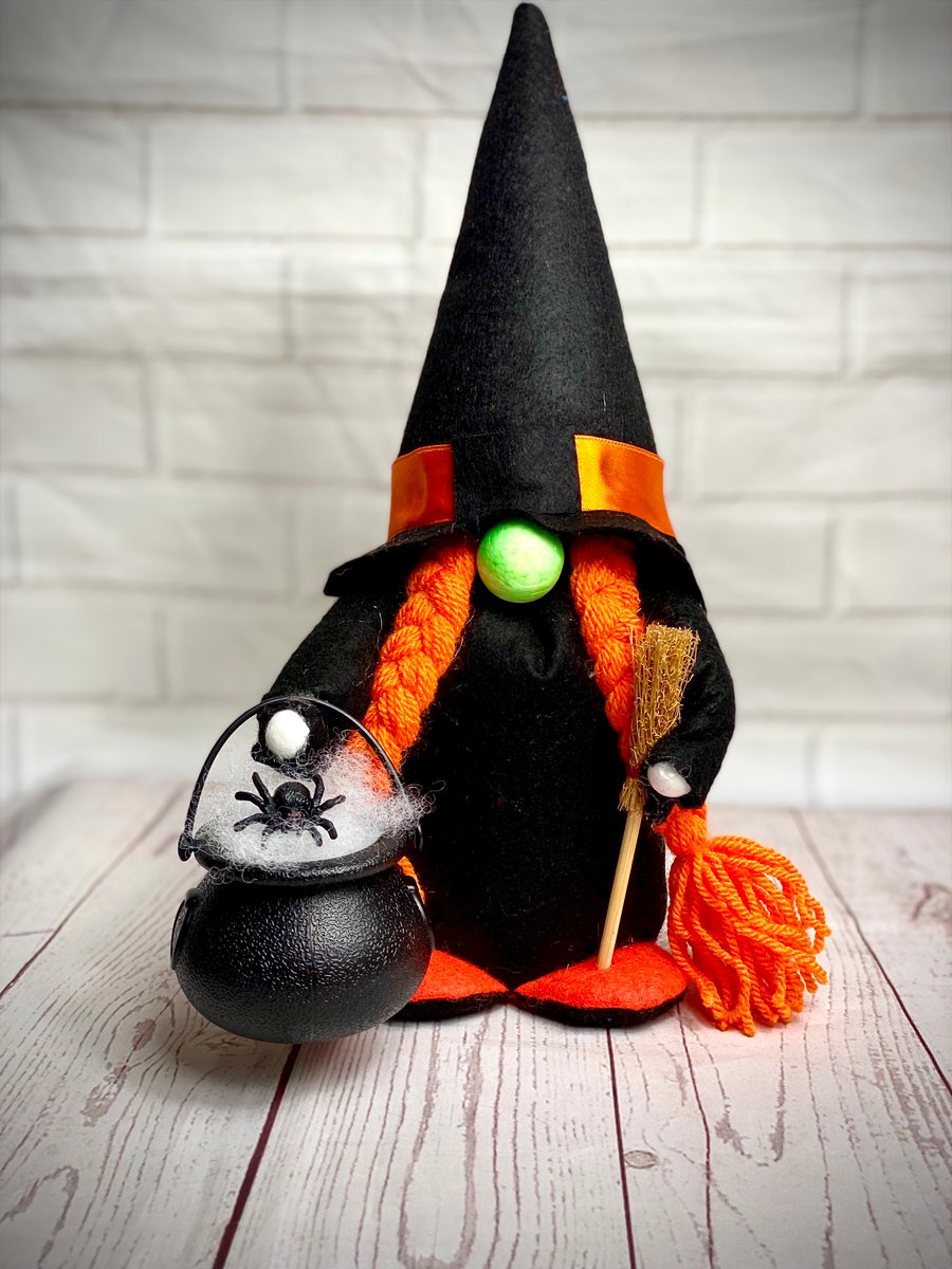 Handmade Halloween Witch Gnome with Cauldron and Broomstick 