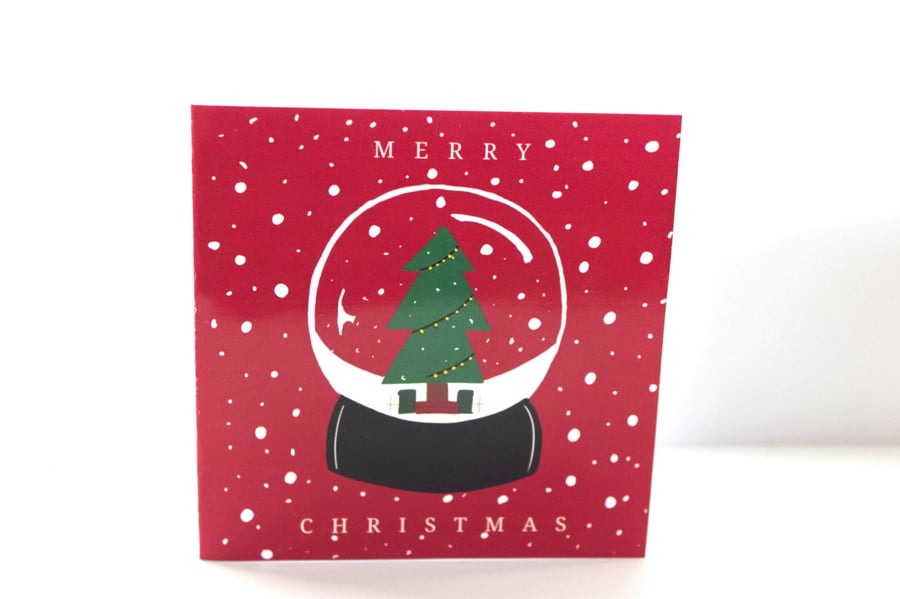 5 Handmade ' snow globe' small christmas cards, 4 x 4", red , envelopes