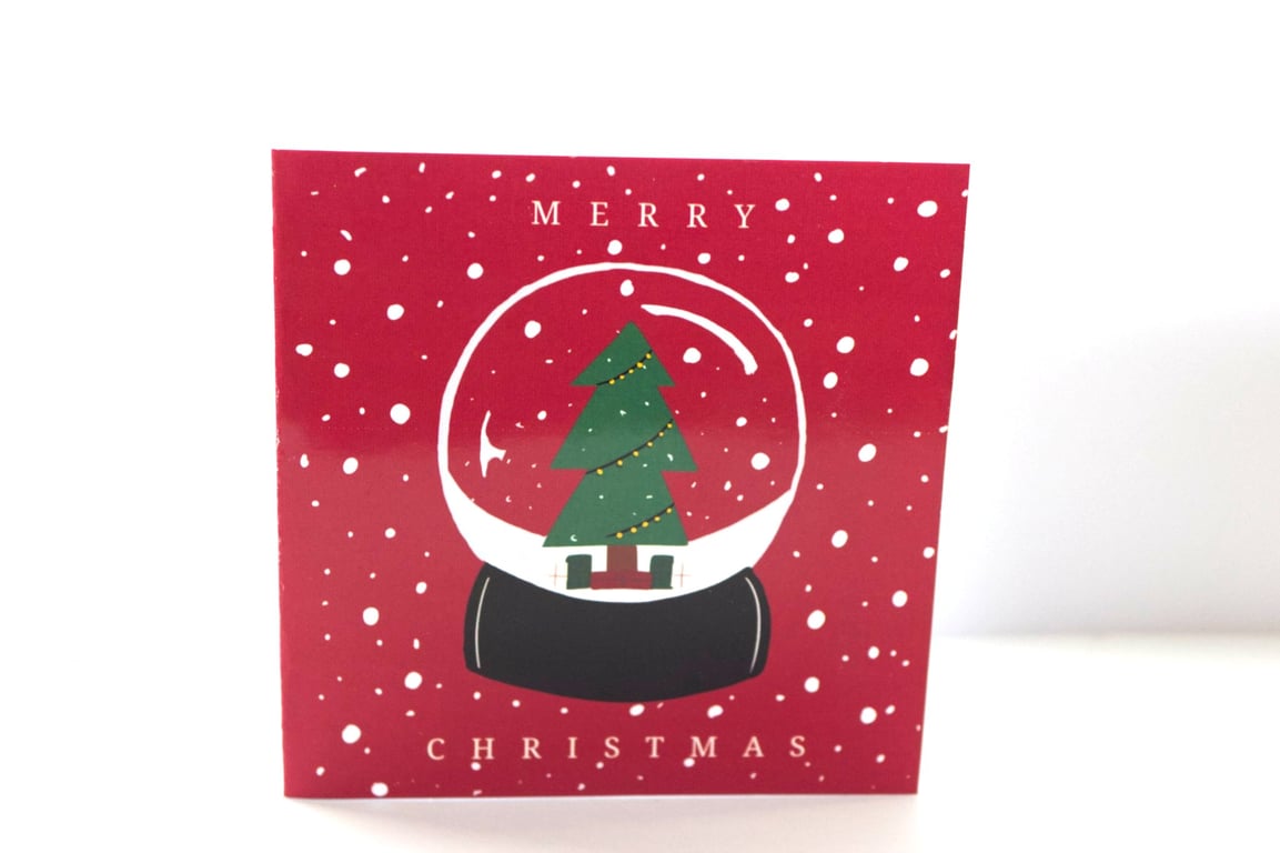 5 Handmade ' snow globe' small christmas cards, 4 x 4", red , envelopes