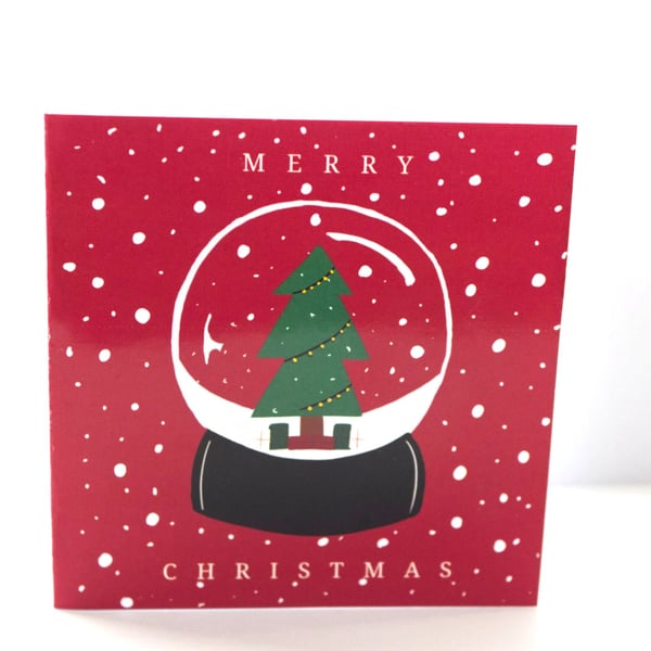 5 Handmade ' snow globe' small christmas cards, 4 x 4", red , envelopes