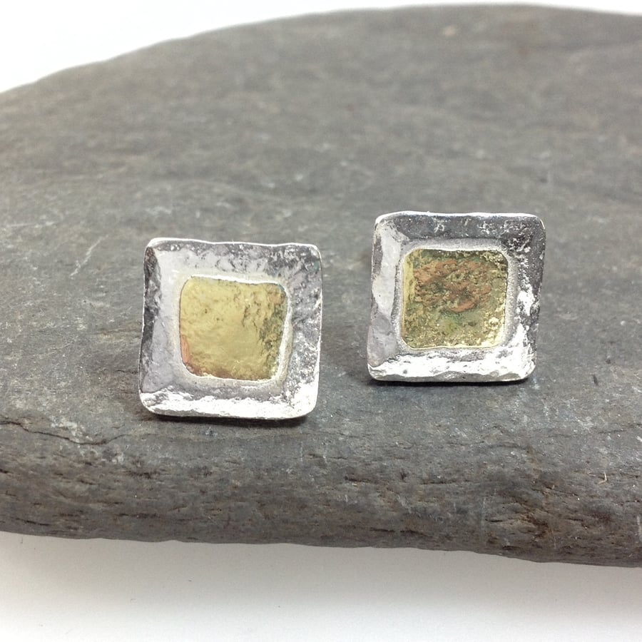 Silver and 18ct gold small square stud earrings