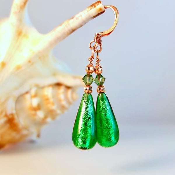 Emerald Green Murano Glass Drop Earrings With Copper And Swarovski Crystal