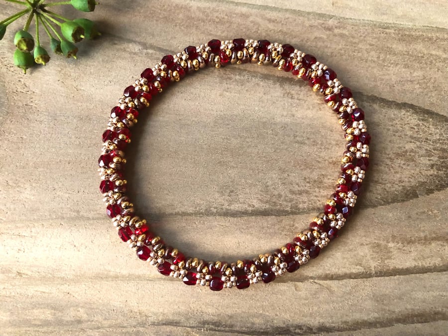 Red & Gold Bead Weave Bracelet Bangle CHRiSTMAS Beaded 
