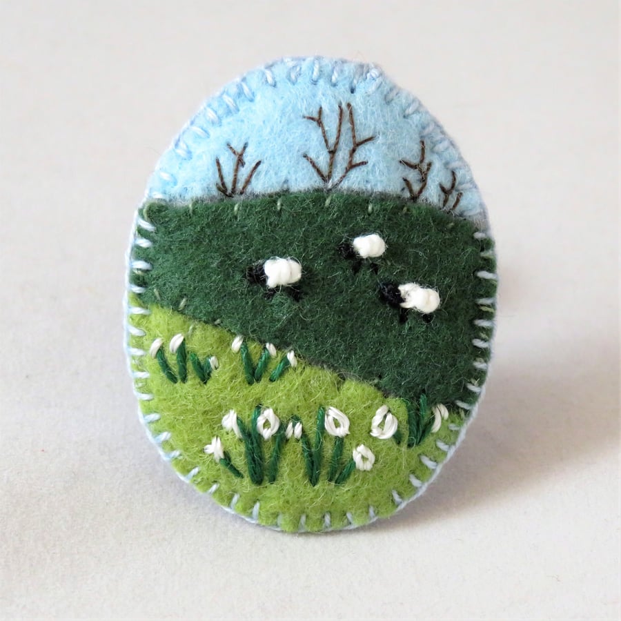 Snowdrops and sheep - Embroidered felt brooch