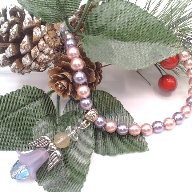 Lilac Pearl and Chain Necklace With a Christmas Angel Pendant, Secret Santa