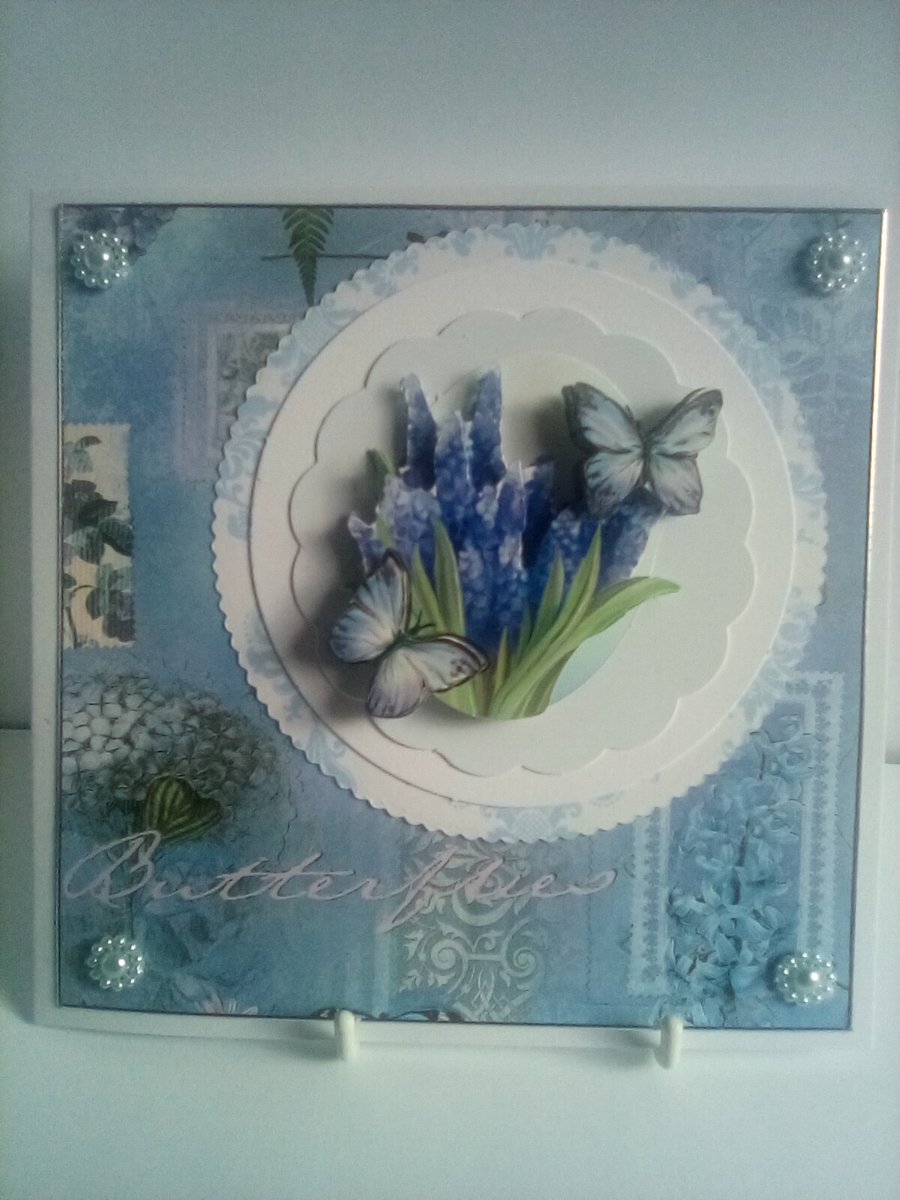 All occasion decoupage butterflies and grape hyacinth open blank card.